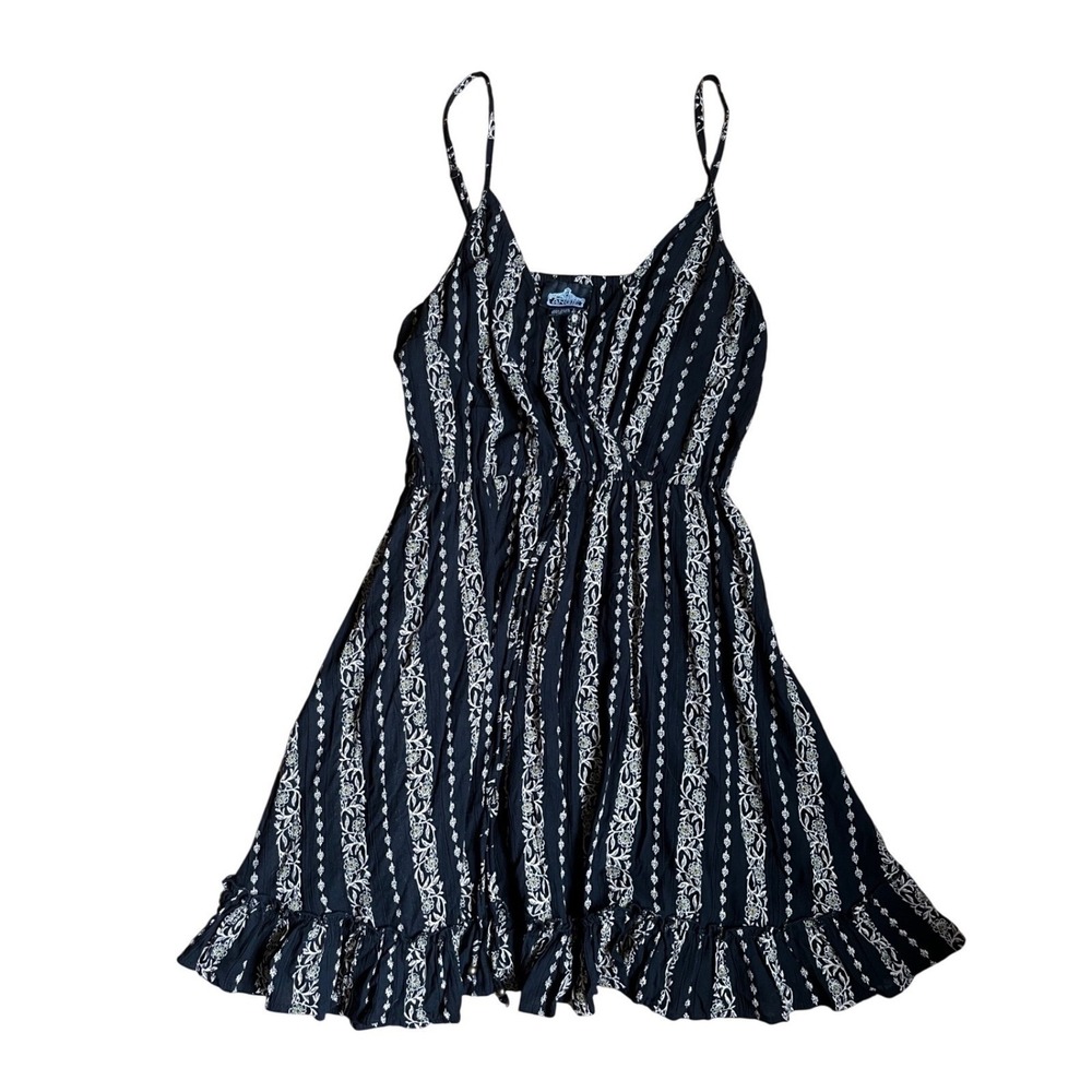 Angie Black White Floral Stripe Boho Rayon Ruffle Sundress Large L